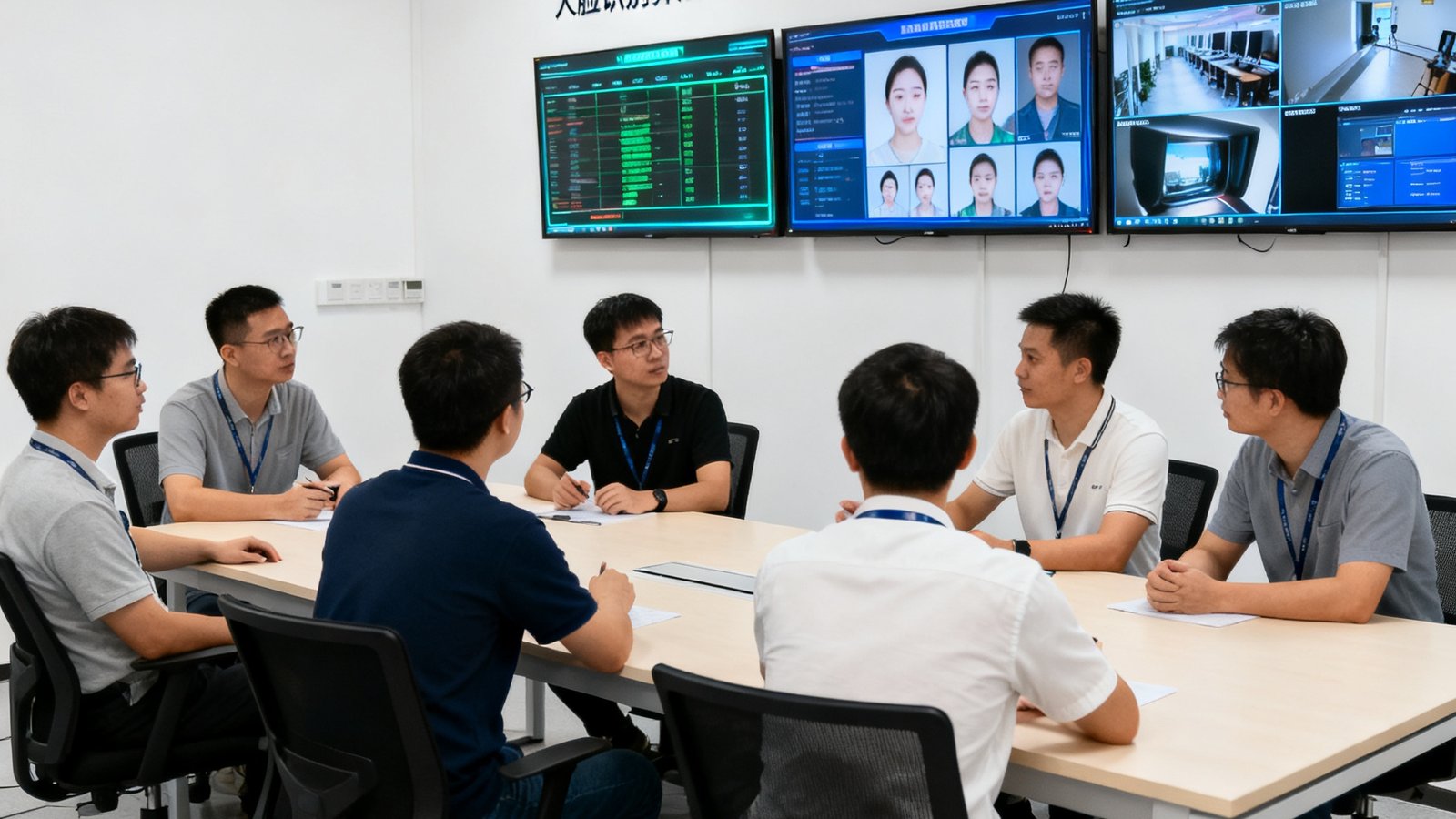 DS视讯深圳研发中心的AI算法实验室内，八名工程师围坐在长桌前讨论技术方案，背景墙上挂着多块显示器展示人脸识别算法测试数据和摄像头实时画面，实验室环境整洁明亮。