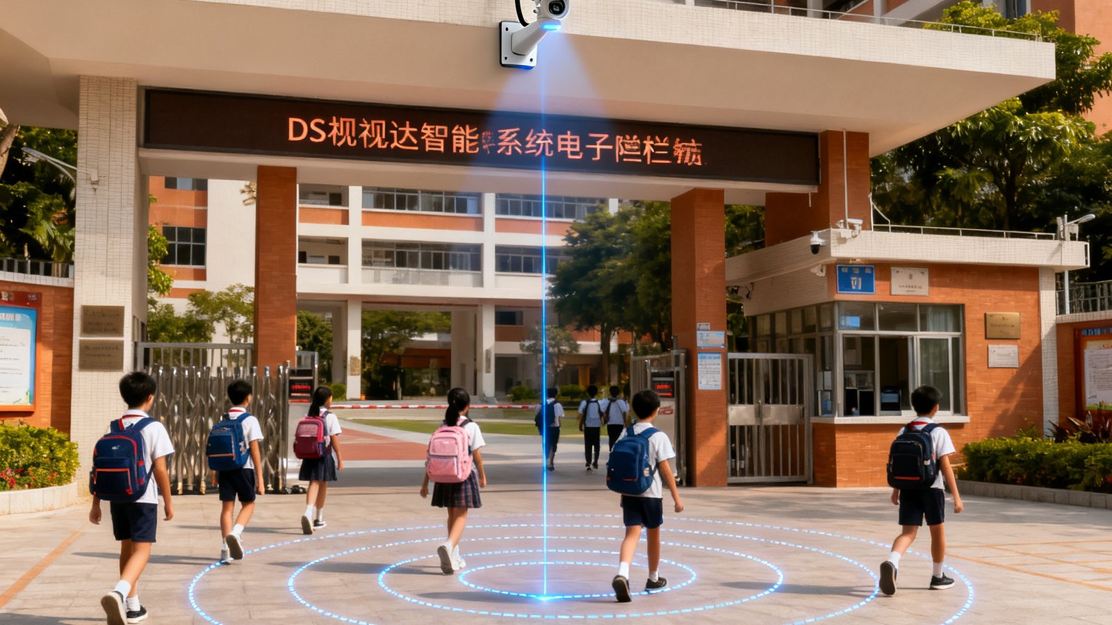 深圳龙华区某学校正门，DS视讯智能摄像头安装在校门上方，电子围栏系统用虚拟线圈标记出安全区域，学生们背着书包有序进入校园。