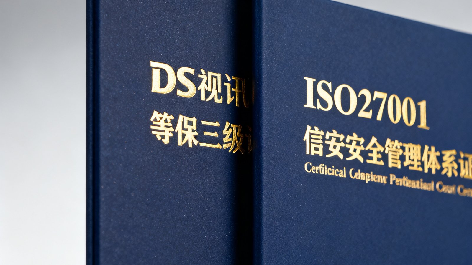 DS视讯获得的等保三级认证证书和ISO27001信息安全管理体系认证证书并列摆放，证书封面为深蓝色，烫金字体清晰可见。